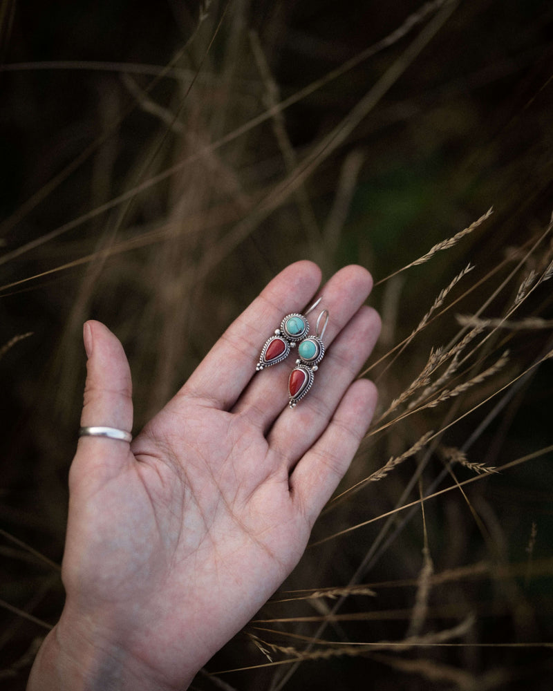 Silver pair with turquoise and coral